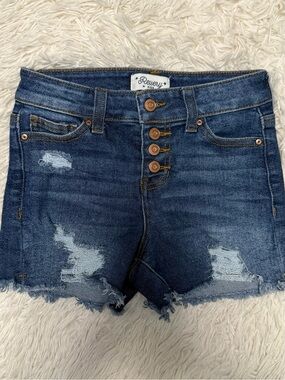 Revelry Medium/Dark Blue Distressed High Waist Button-Fly Denim Shorts